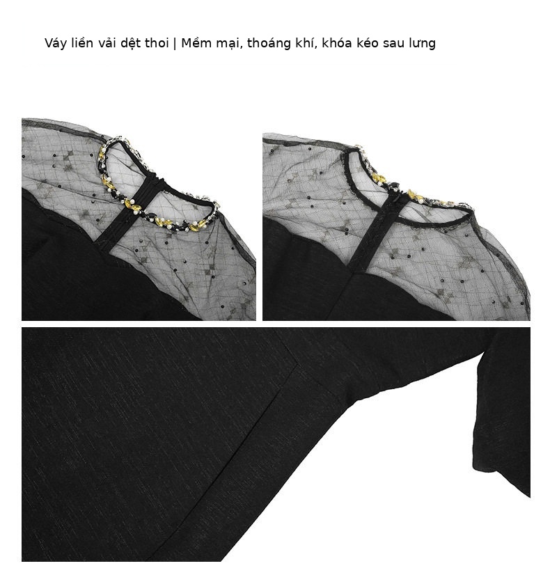 Đầm suông nữ midi tay phồng cổ tròn dáng chữ A — [Đen], [Trắng], [Xám], [Xanh dương] chi tiết 6