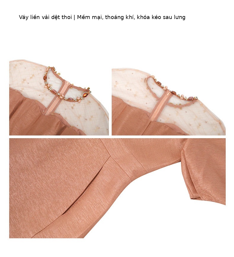 Đầm suông nữ midi tay phồng cổ tròn dáng chữ A — [Đen], [Trắng], [Xám], [Xanh dương] chi tiết 7