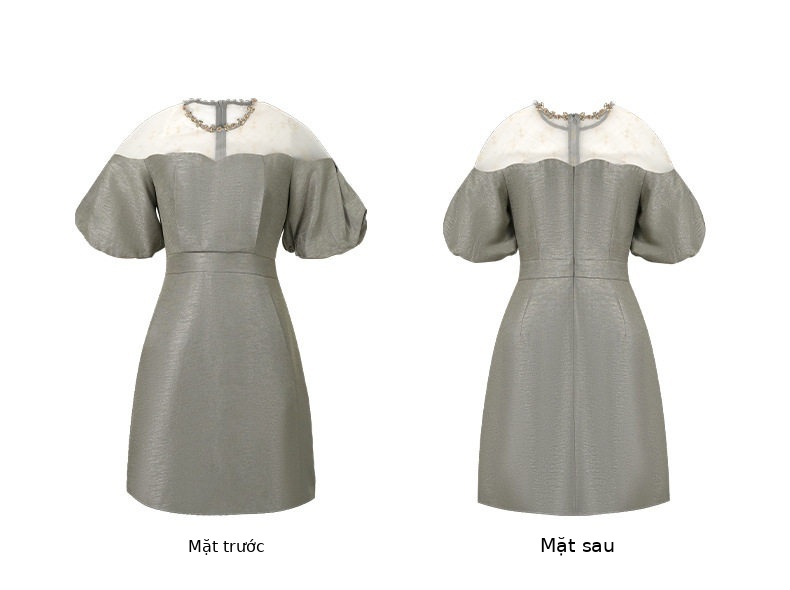 Đầm suông nữ midi tay phồng cổ tròn dáng chữ A — [Đen], [Trắng], [Xám], [Xanh dương] chi tiết 8