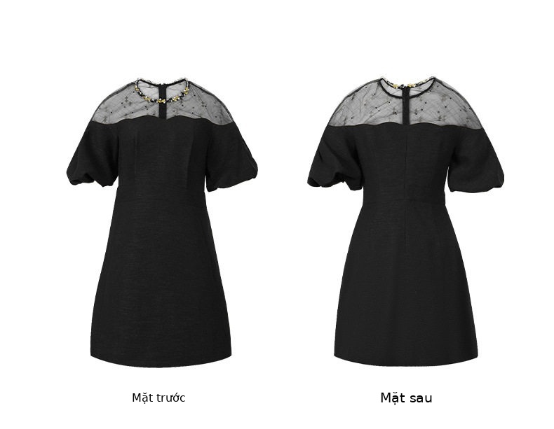Đầm suông nữ midi tay phồng cổ tròn dáng chữ A — [Đen], [Trắng], [Xám], [Xanh dương] chi tiết 10