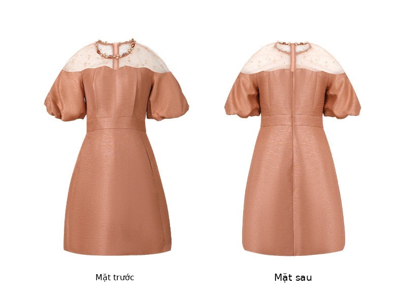 Đầm suông nữ midi tay phồng cổ tròn dáng chữ A — [Đen], [Trắng], [Xám], [Xanh dương] chi tiết 11