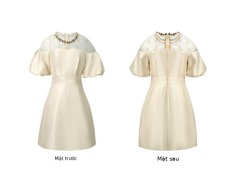 Đầm suông nữ midi tay phồng cổ tròn dáng chữ A — [Đen], [Trắng], [Xám], [Xanh dương] chi tiết 12