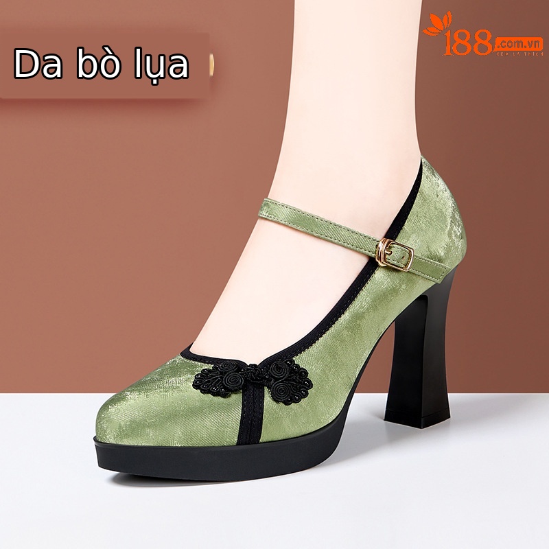 Giày cao gót nữ mũi nhọn phong cách cổ điển Trung Hoa, gót 5-11 cm, phối sườn xám váy vest — Trắng be 5cm, Màu trắng nhạt 7cm, Màu đen 11cm, Màu xanh lá cây 7cm