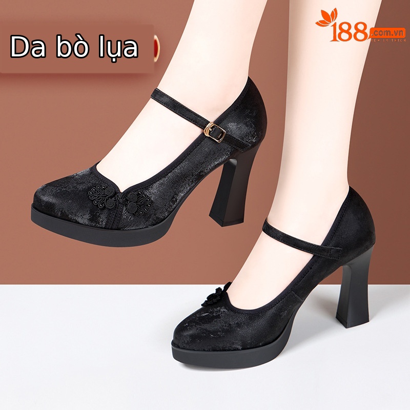 Giày cao gót nữ mũi nhọn phong cách cổ điển Trung Hoa, gót 5-11 cm, phối sườn xám váy vest — Trắng be 5cm, Màu trắng nhạt 7cm, Màu đen 11cm, Màu xanh lá cây 7cm