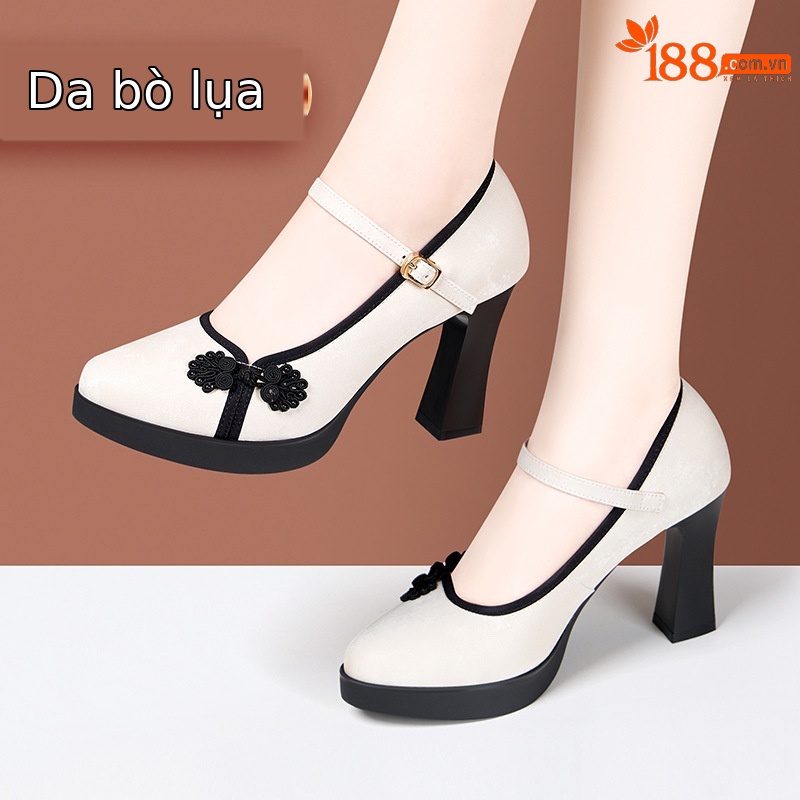 Giày cao gót nữ mũi nhọn phong cách cổ điển Trung Hoa, gót 5-11 cm, phối sườn xám váy vest — Trắng be 5cm, Màu trắng nhạt 7cm, Màu đen 11cm, Màu xanh lá cây 7cm