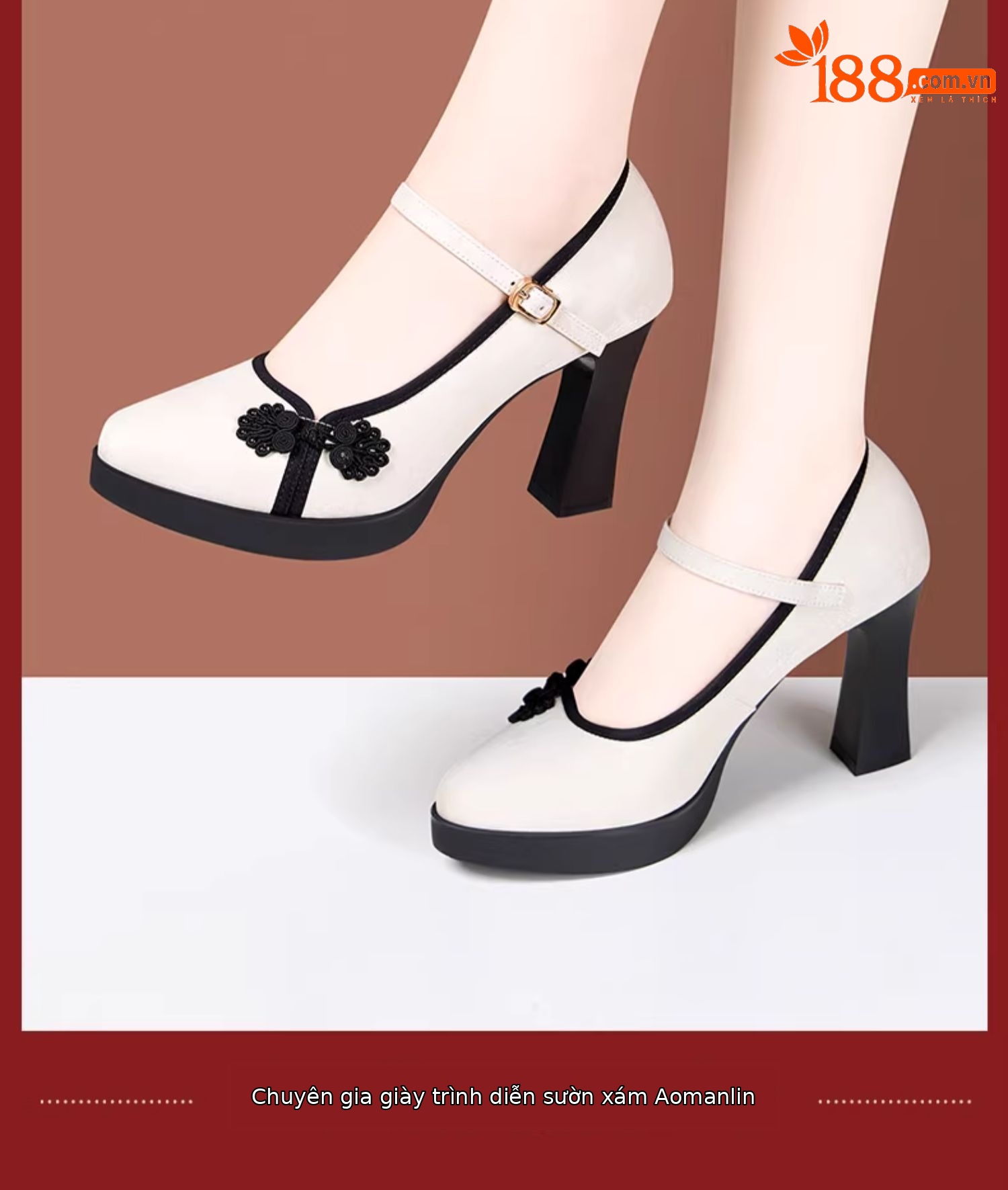 Giày cao gót nữ mũi nhọn phong cách cổ điển Trung Hoa, gót 5-11 cm, phối sườn xám váy vest — Trắng be 5cm, Màu trắng nhạt 7cm, Màu đen 11cm, Màu xanh lá cây 7cm chi tiết 9