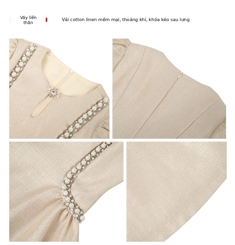Đầm suông nữ midi cổ tròn tay bồng phong cách Chanel — [Đen], [Champagne] chi tiết 3