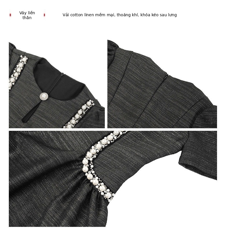 Đầm suông nữ midi cổ tròn tay bồng phong cách Chanel — [Đen], [Champagne] chi tiết 4