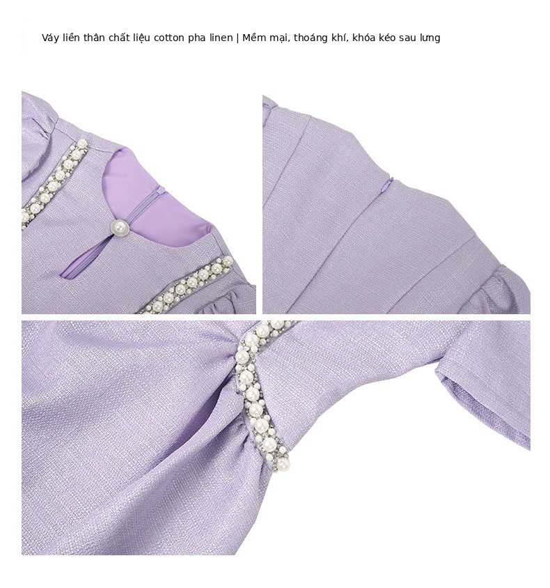 Đầm suông nữ midi cổ tròn tay bồng phong cách Chanel — [Đen], [Champagne] chi tiết 5