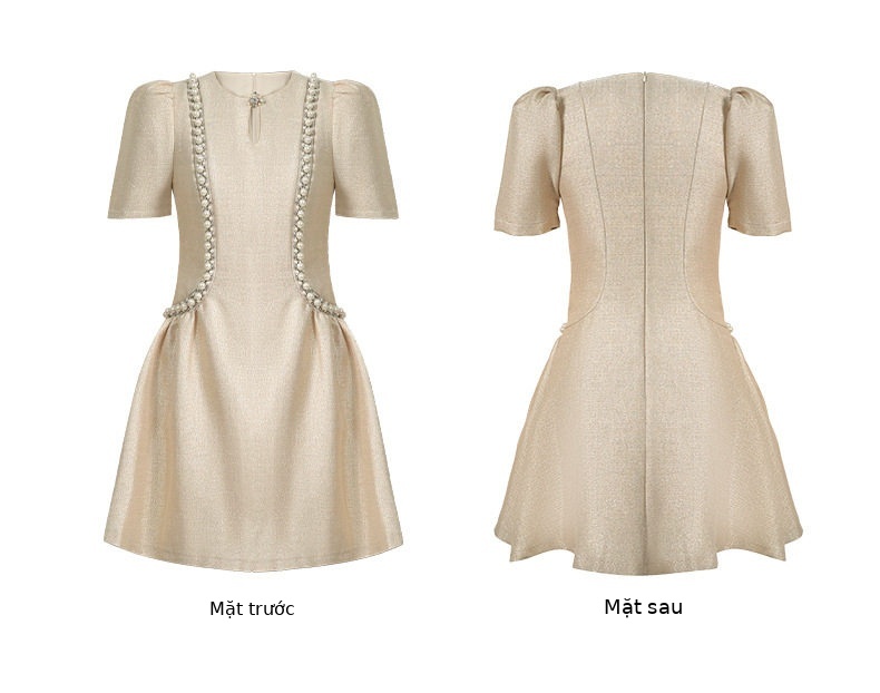 Đầm suông nữ midi cổ tròn tay bồng phong cách Chanel — [Đen], [Champagne] chi tiết 6