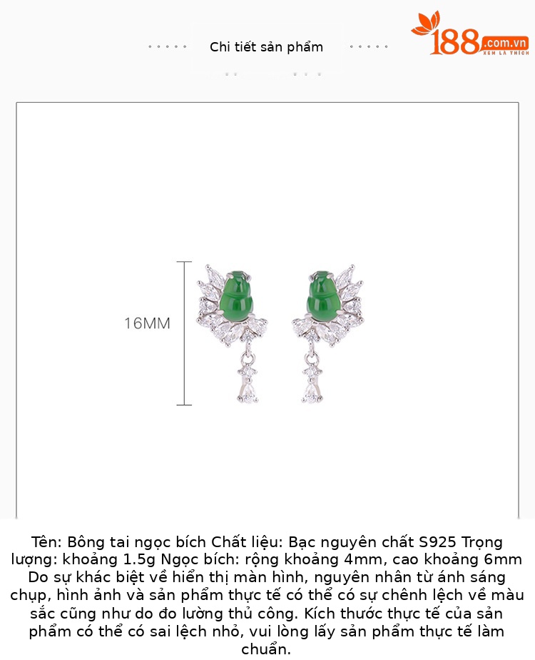 Bông tai bạc S925 đính đá ngọc lục bảo hình lưỡi liềm phong cách cá tính — Một cặp chi tiết 2