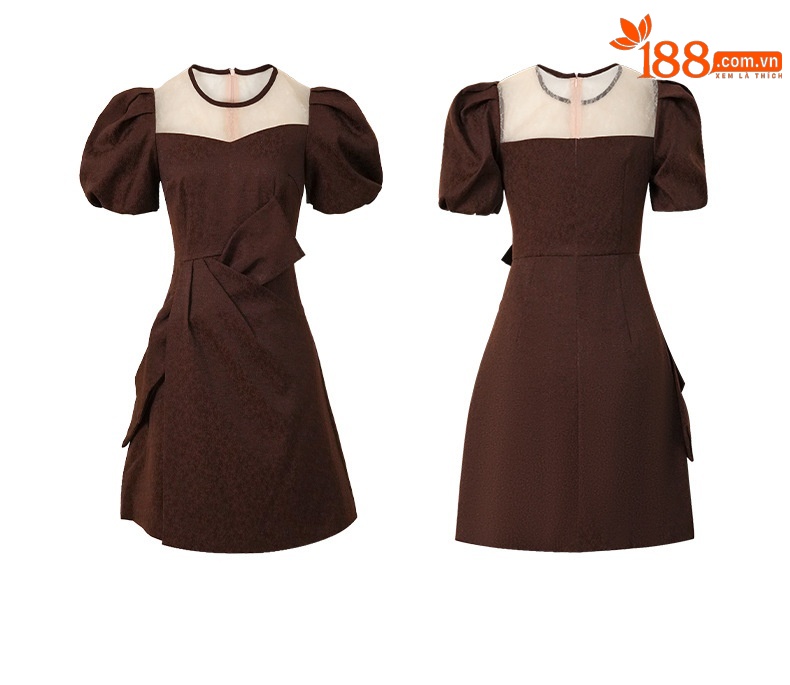Đầm nữ kiểu Pháp cổ tròn tay phồng thắt nơ eo viền bèo — Màu Hạt Dẻ xào đường chi tiết 2
