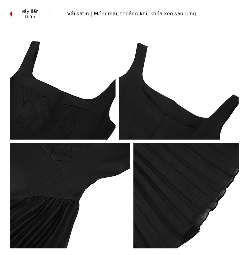 Đầm ôm body nữ dáng dài cổ vuông xếp ly phong cách Pháp — [Đen] chi tiết 2