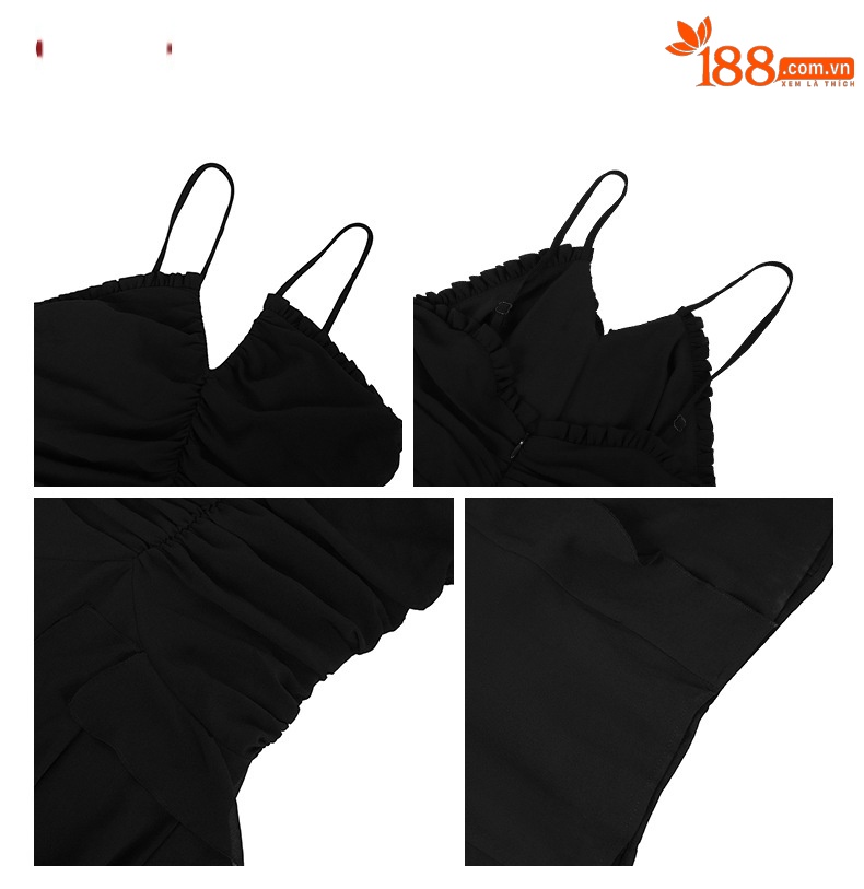 Đầm maxi nữ thắt eo cổ V lưng trần chất liệu chiffon xếp ly — Màu đen chi tiết 2