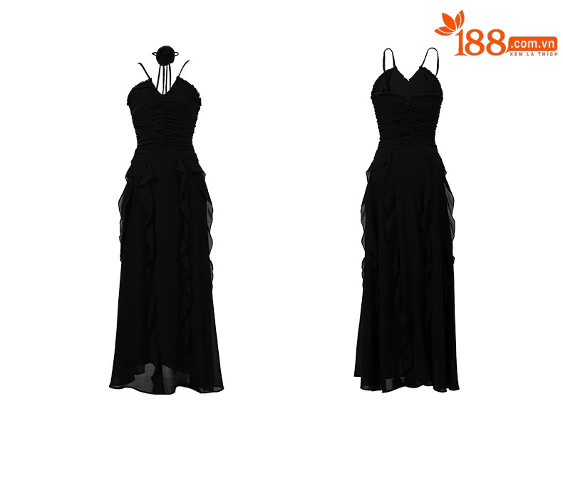Đầm maxi nữ thắt eo cổ V lưng trần chất liệu chiffon xếp ly — Màu đen chi tiết 3