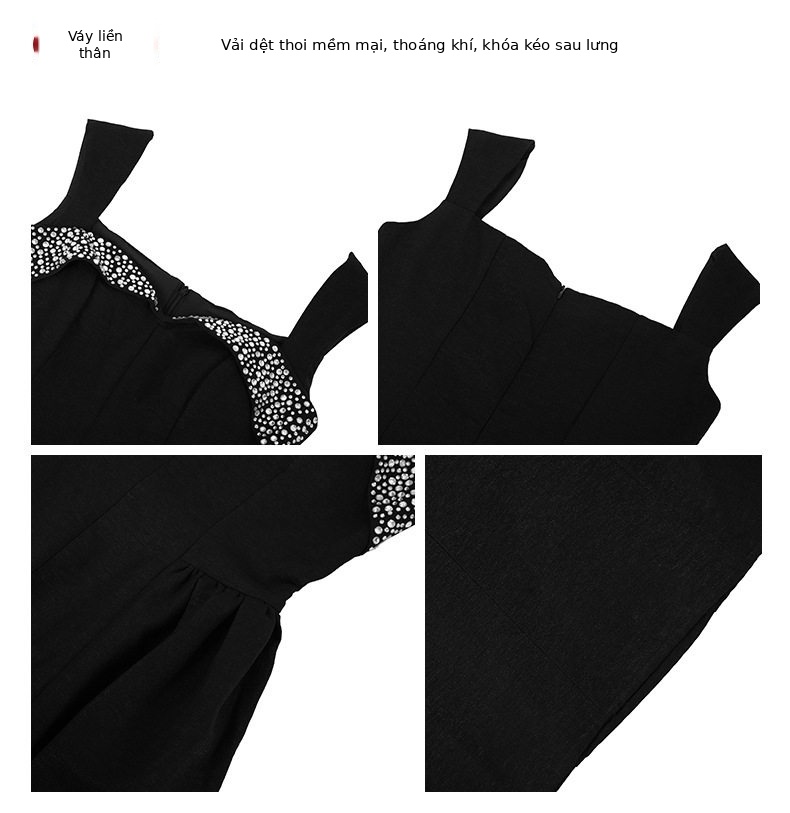Đầm maxi nữ thắt eo cổ V dáng xòe tay dây bản — [Màu đen] chi tiết 2