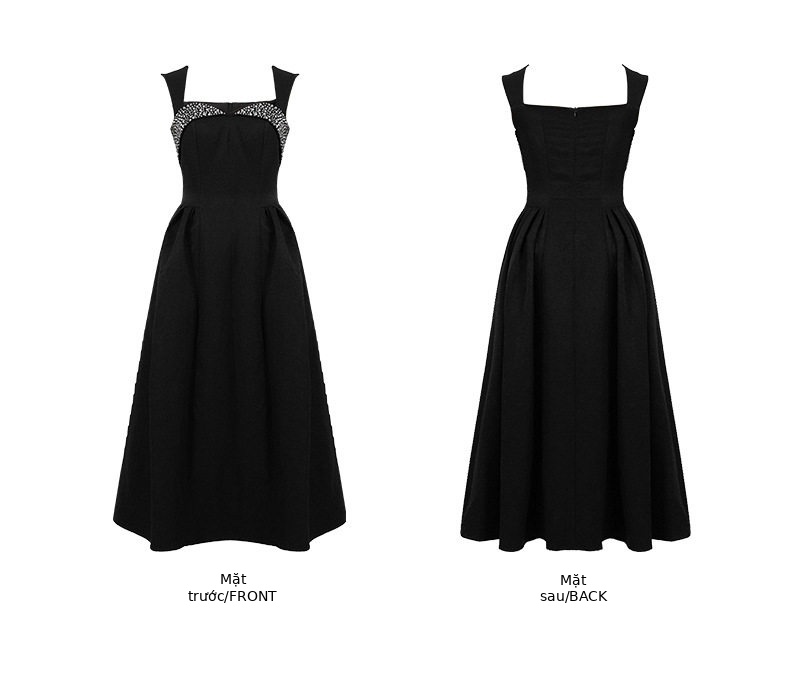 Đầm maxi nữ thắt eo cổ V dáng xòe tay dây bản — [Màu đen] chi tiết 3