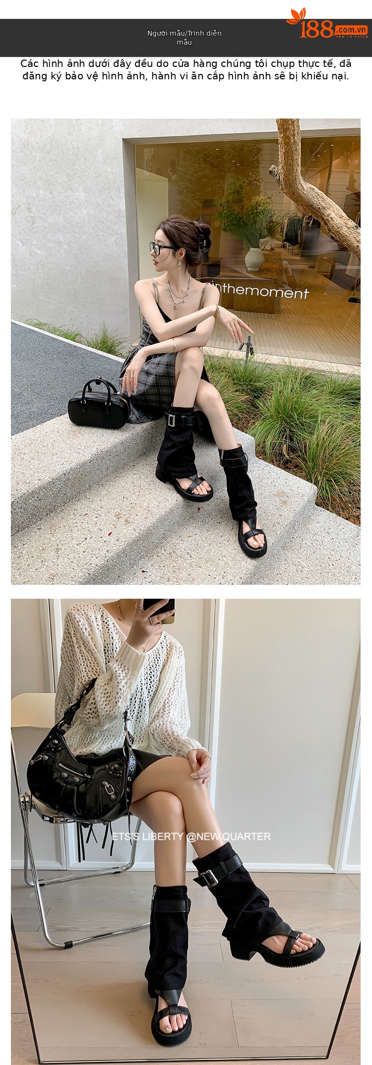 Sandal cao gót hở mũi nữ đế dày gót vuông, quai thắt lưng da bò — Màu đen chi tiết 10