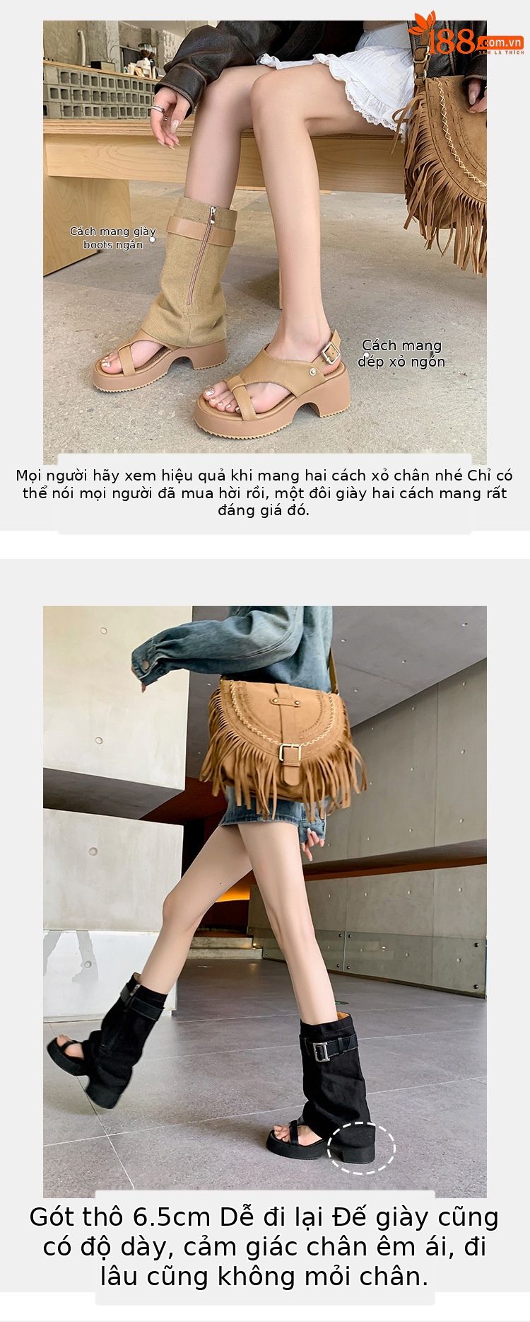 Sandal cao gót hở mũi nữ đế dày gót vuông, quai thắt lưng da bò — Màu đen chi tiết 5