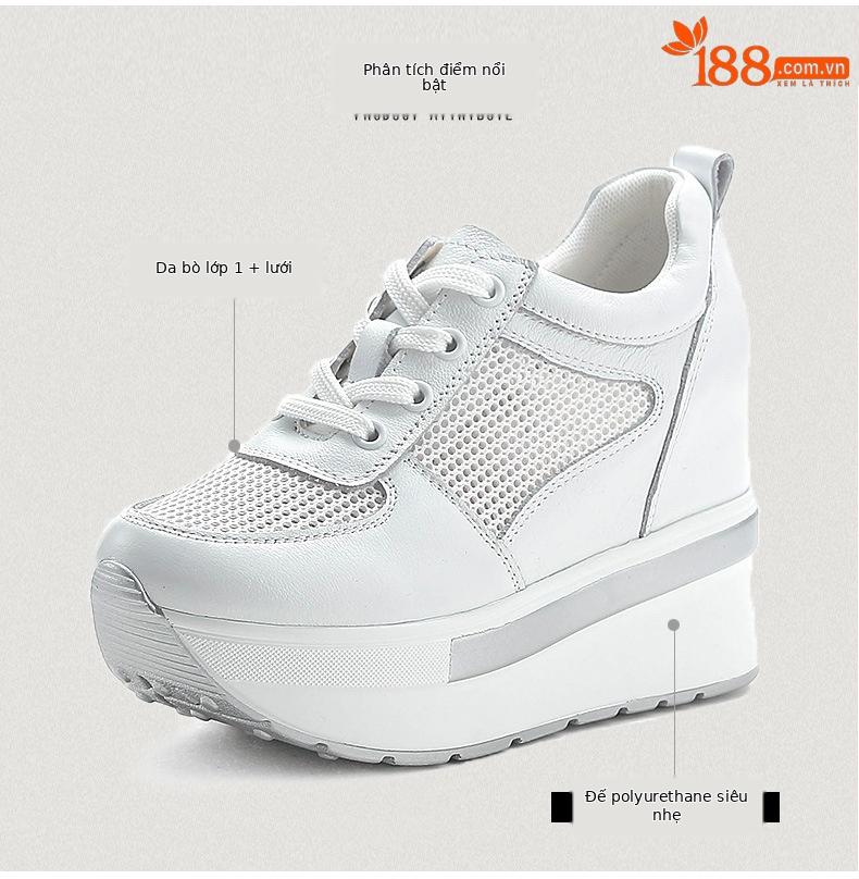 Giày lười nữ da thật dây thun, mặt lưới thoáng khí, đế tăng chiều cao 10 cm — Màu đen chi tiết 3