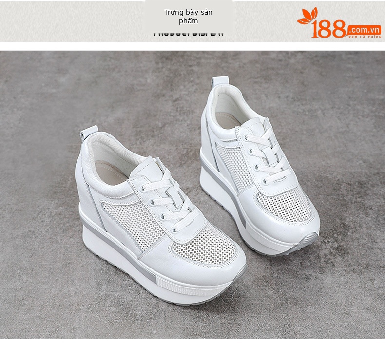 Giày lười nữ da thật dây thun, mặt lưới thoáng khí, đế tăng chiều cao 10 cm — Màu đen chi tiết 10