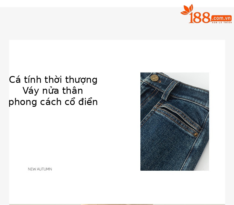 Chân váy jean chữ A cạp cao Xinge dáng dài xẻ tà, ôm mông — Màu xanh lam chi tiết 3