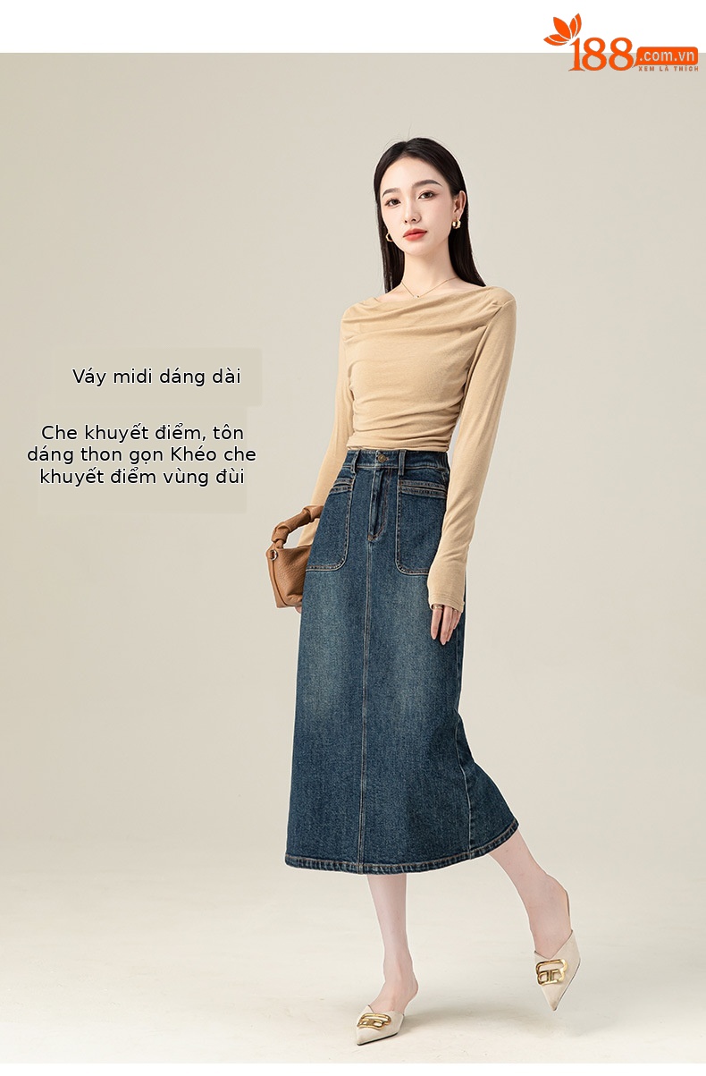 Chân váy jean chữ A cạp cao Xinge dáng dài xẻ tà, ôm mông — Màu xanh lam chi tiết 9