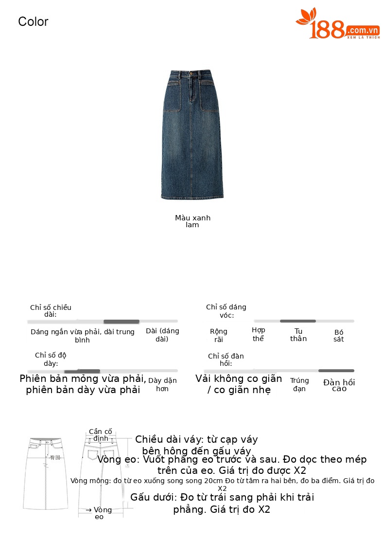 Chân váy jean chữ A cạp cao Xinge dáng dài xẻ tà, ôm mông — Màu xanh lam chi tiết 5