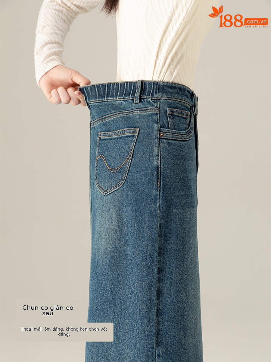 Chân váy jean nữ xẻ tà màu xanh cổ điển cạp cao dáng dài — Màu xanh lam