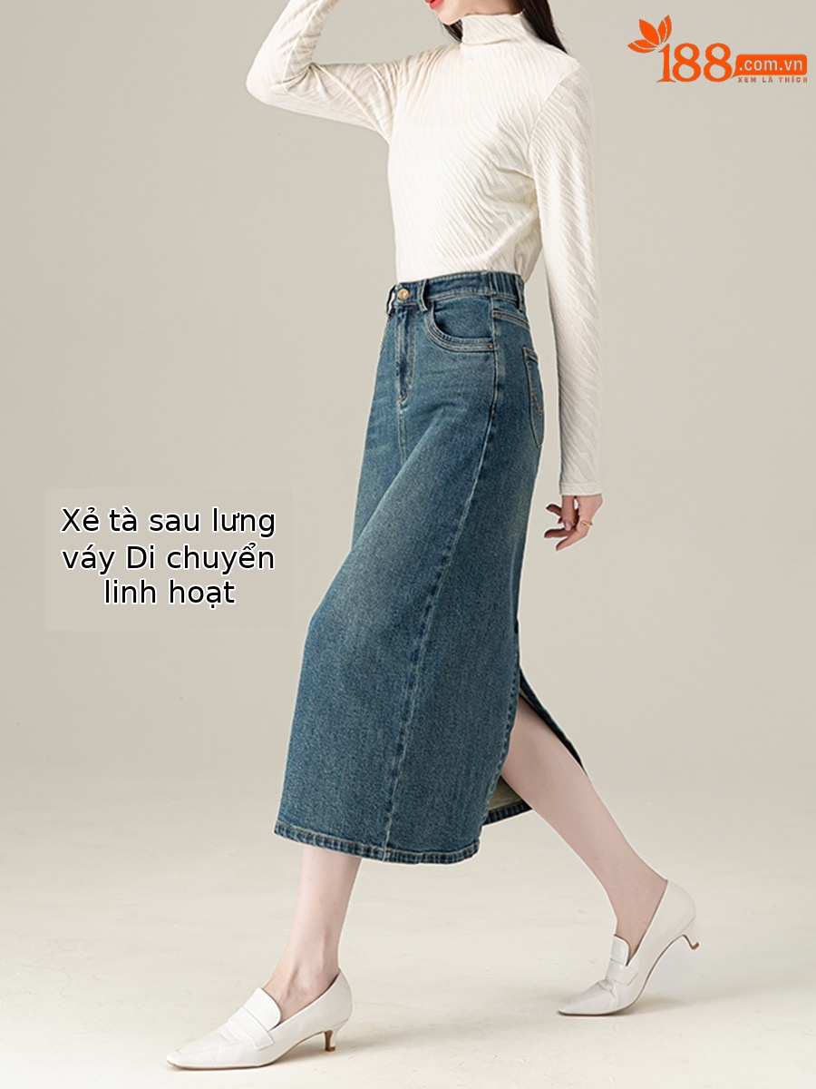 Chân váy jean nữ xẻ tà màu xanh cổ điển cạp cao dáng dài — Màu xanh lam