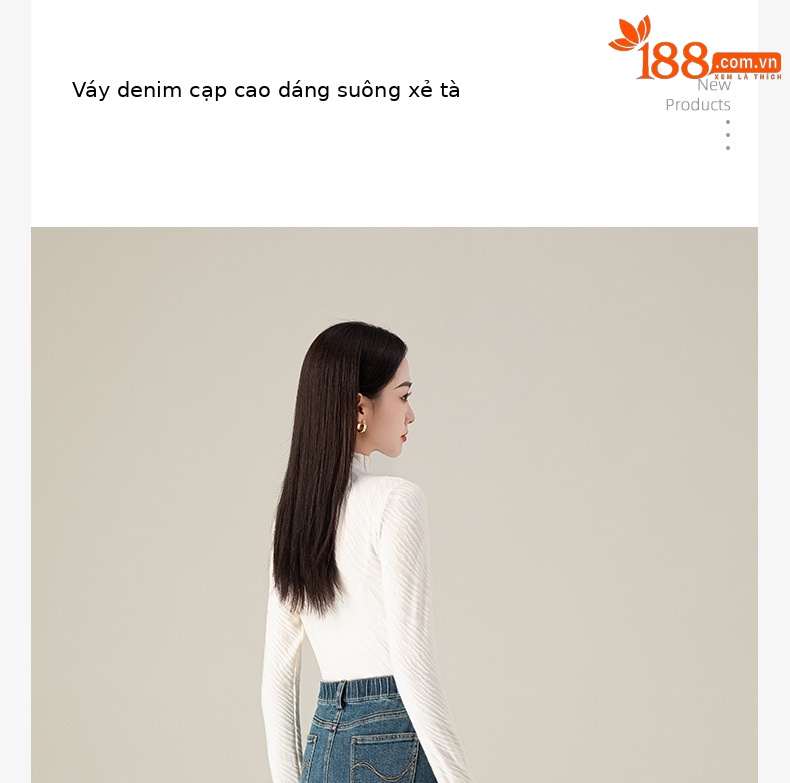 Chân váy jean nữ xẻ tà màu xanh cổ điển cạp cao dáng dài — Màu xanh lam chi tiết 3