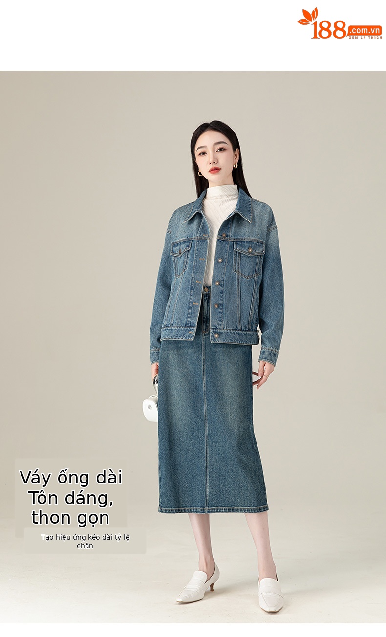 Chân váy jean nữ xẻ tà màu xanh cổ điển cạp cao dáng dài — Màu xanh lam chi tiết 7