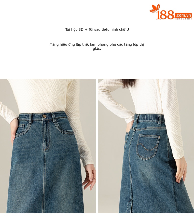 Chân váy jean nữ xẻ tà màu xanh cổ điển cạp cao dáng dài — Màu xanh lam chi tiết 8