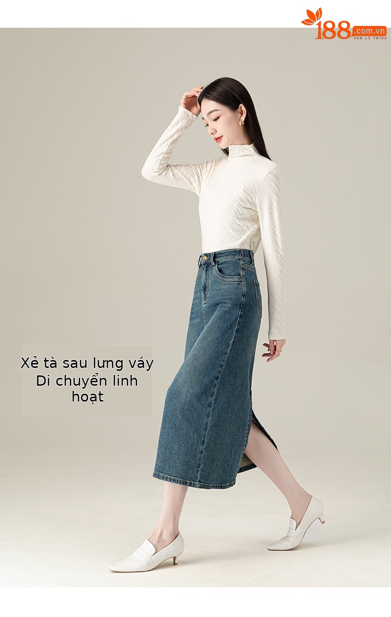 Chân váy jean nữ xẻ tà màu xanh cổ điển cạp cao dáng dài — Màu xanh lam chi tiết 10