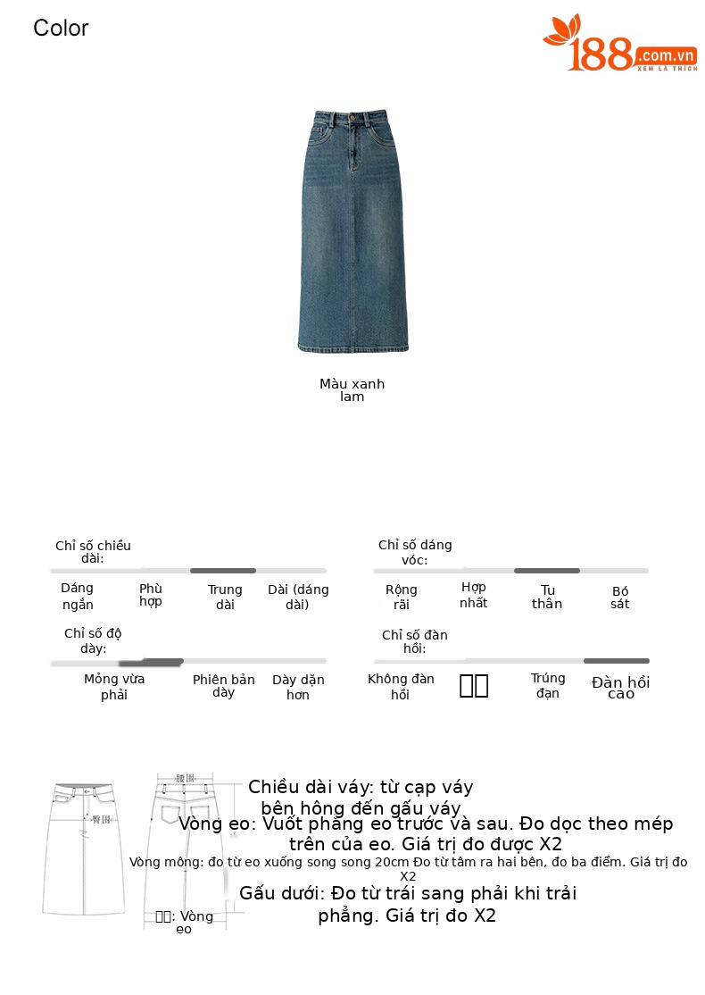 Chân váy jean nữ xẻ tà màu xanh cổ điển cạp cao dáng dài — Màu xanh lam chi tiết 5