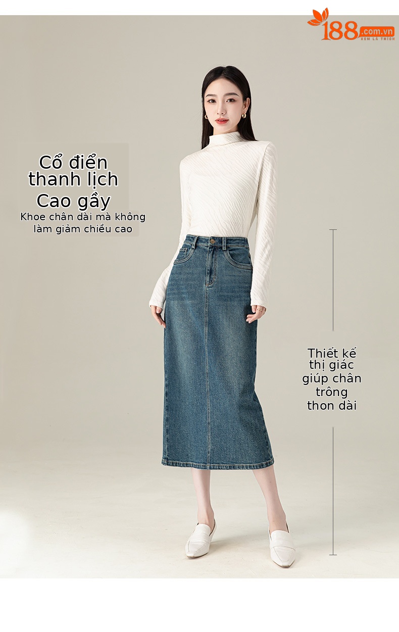 Chân váy jean nữ xẻ tà màu xanh cổ điển cạp cao dáng dài — Màu xanh lam chi tiết 11