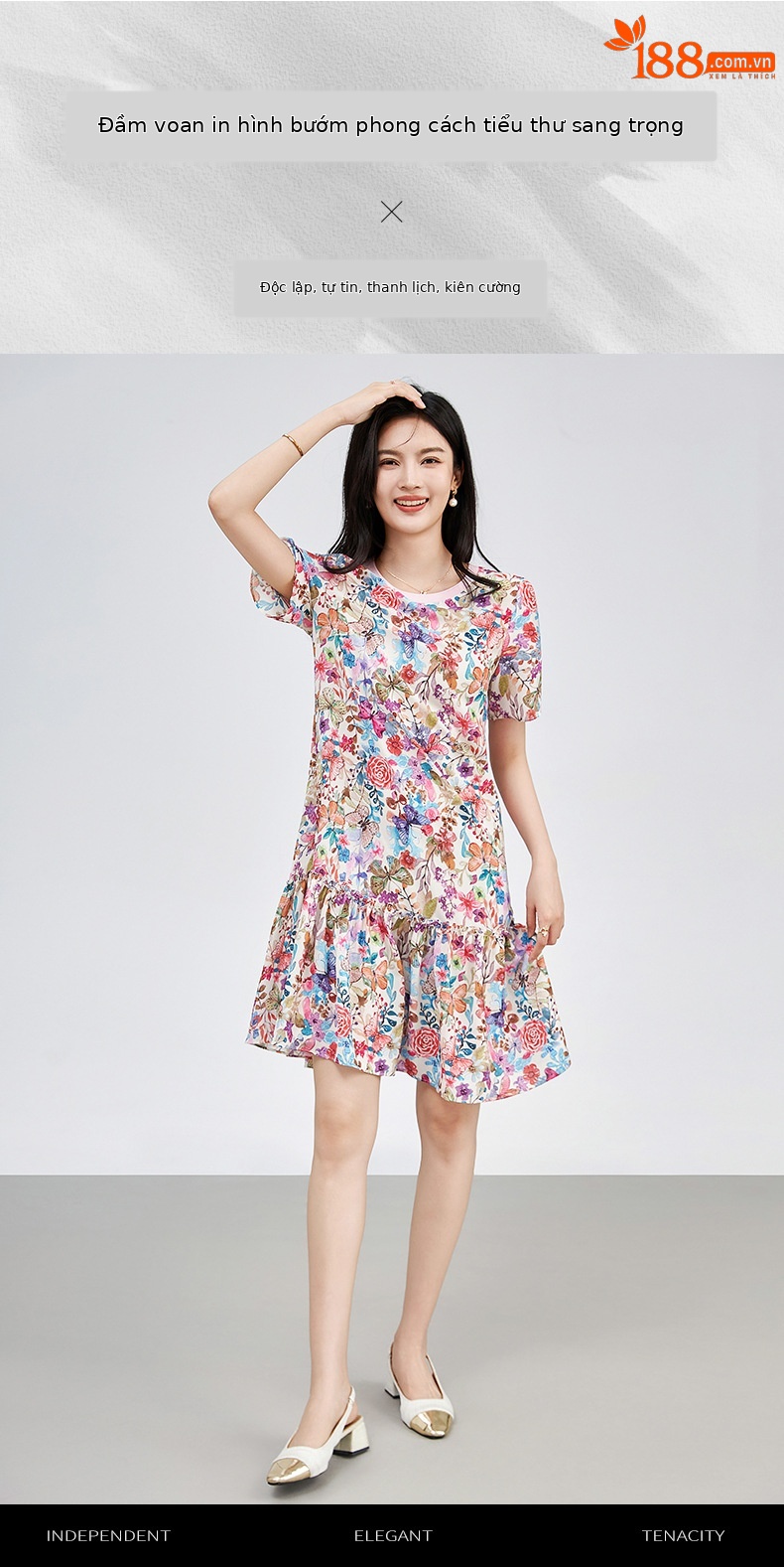 Váy suông midi in họa tiết hoa thanh lịch — Màu hồng chi tiết 1