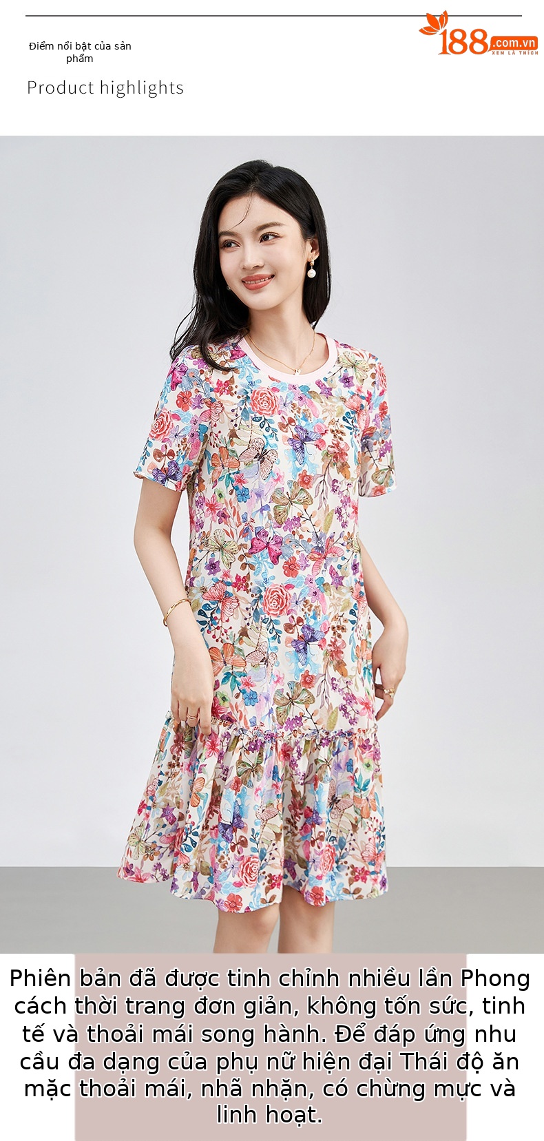 Váy suông midi in họa tiết hoa thanh lịch — Màu hồng chi tiết 4