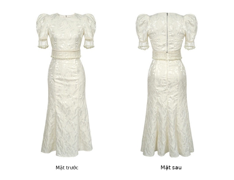 Đầm ôm body nữ cổ tròn tay bồng đuôi cá — [Màu hồng đào] chi tiết 5