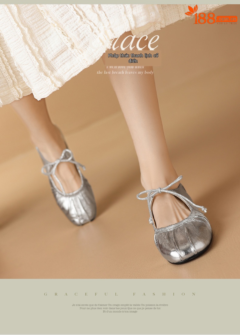 Giày ballet nữ da cừu mềm mũi tròn đế bệt xếp ly nơ buộc dây — Màu súng chi tiết 5