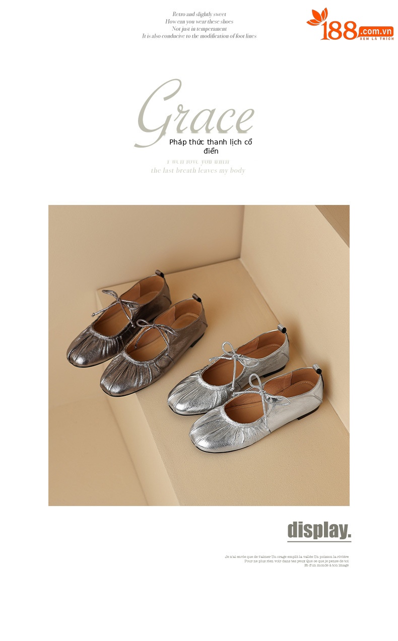 Giày ballet nữ da cừu mềm mũi tròn đế bệt xếp ly nơ buộc dây — Màu súng chi tiết 16