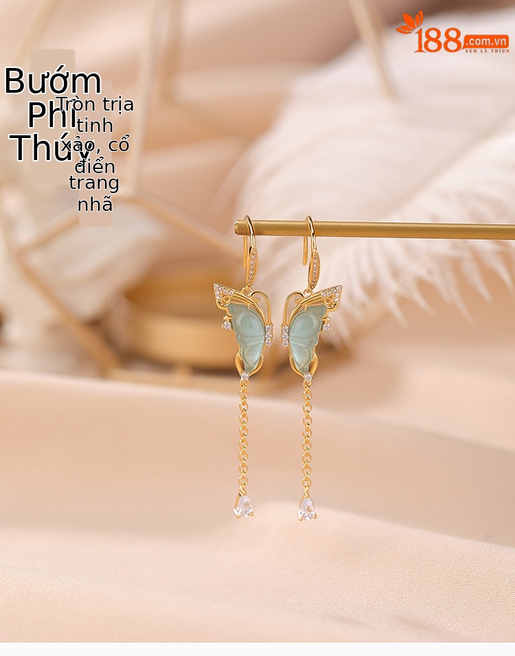 Bông tai nữ bạc S925 mạ vàng hình bướm ngọc bích tua rua tinh tế — Màu vàng chi tiết 1