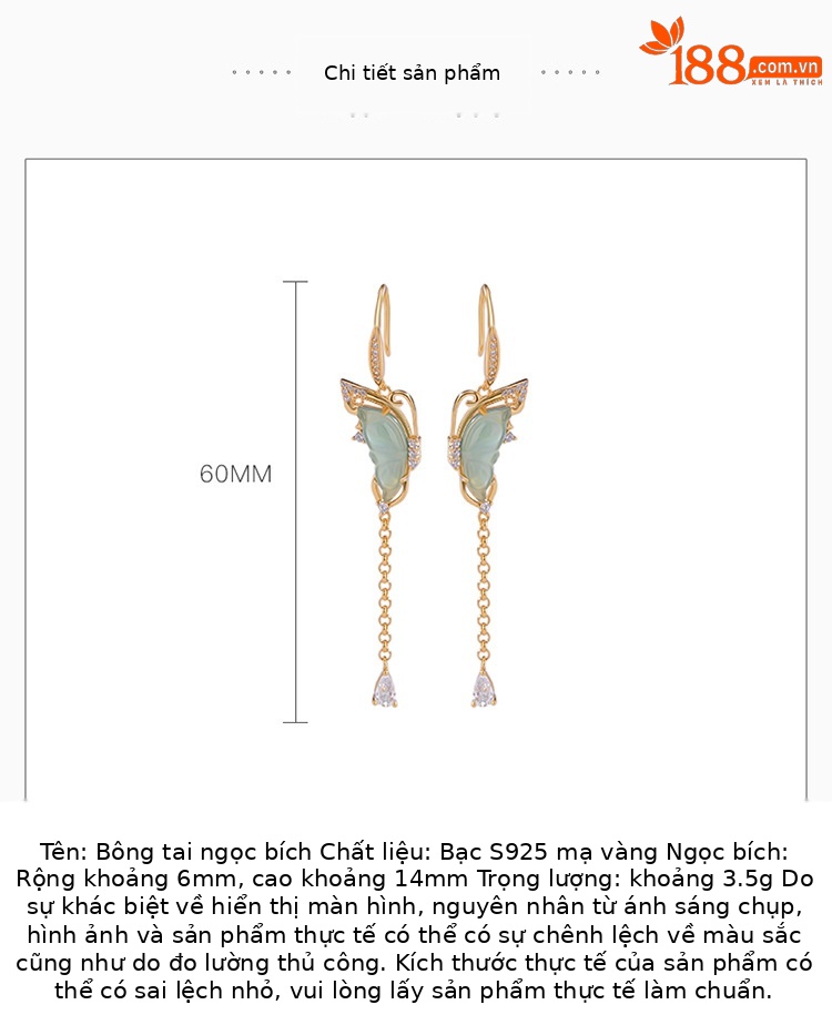 Bông tai nữ bạc S925 mạ vàng hình bướm ngọc bích tua rua tinh tế — Màu vàng chi tiết 2