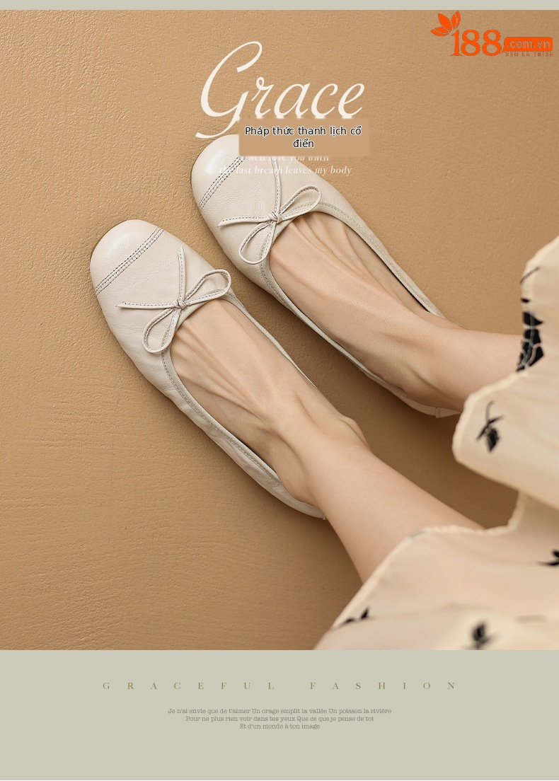 Giày ballet nữ mũi tròn đế bệt da cừu mềm nơ bướm — Màu nâu chi tiết 1
