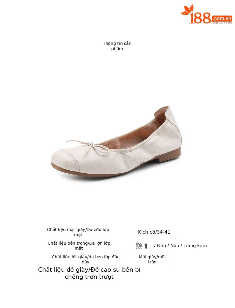 Giày ballet nữ mũi tròn đế bệt da cừu mềm nơ bướm — Màu nâu chi tiết 3