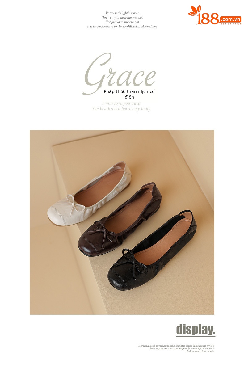 Giày ballet nữ mũi tròn đế bệt da cừu mềm nơ bướm — Màu nâu chi tiết 17