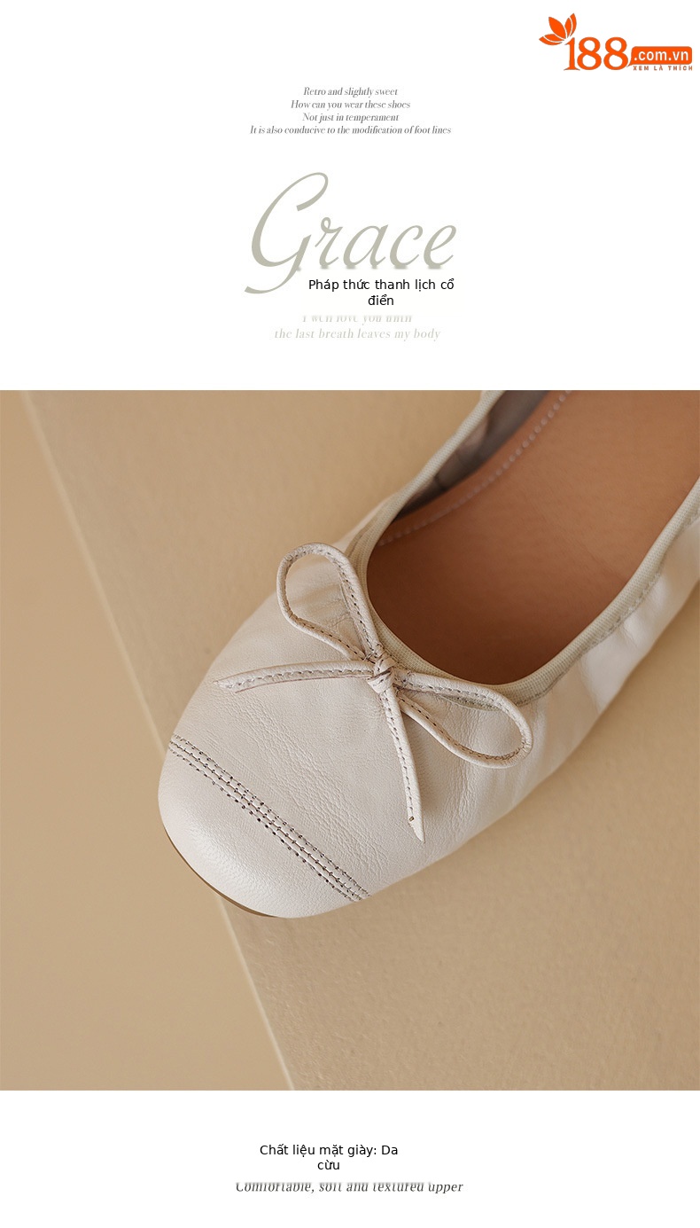 Giày ballet nữ mũi tròn đế bệt da cừu mềm nơ bướm — Màu nâu chi tiết 21