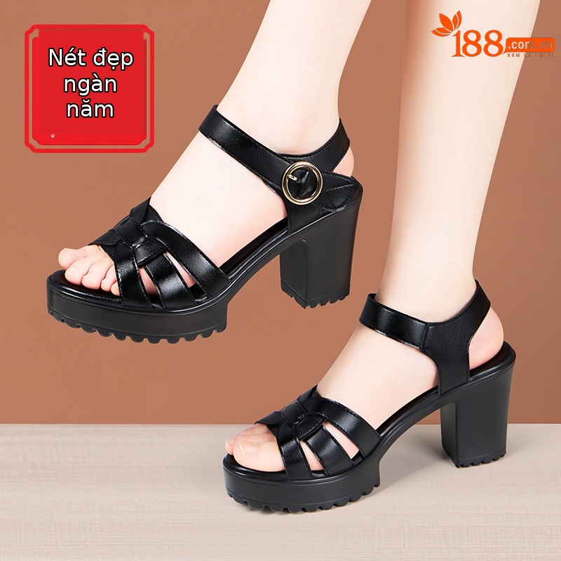 Sandal nữ đế xuồng cao vừa phải, hở mũi, khóa dán, platform chống thấm, gót 8 cm — Màu đỏ 8cm, Trắng 8cm, Màu đen 8cm