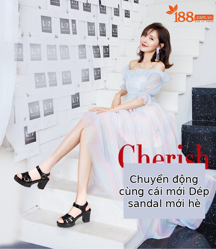 Sandal nữ đế xuồng cao vừa phải, hở mũi, khóa dán, platform chống thấm, gót 8 cm — Màu đỏ 8cm, Trắng 8cm, Màu đen 8cm chi tiết 1