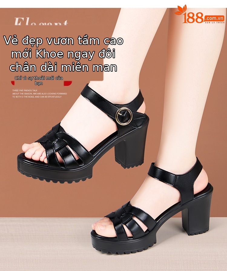Sandal nữ đế xuồng cao vừa phải, hở mũi, khóa dán, platform chống thấm, gót 8 cm — Màu đỏ 8cm, Trắng 8cm, Màu đen 8cm chi tiết 3